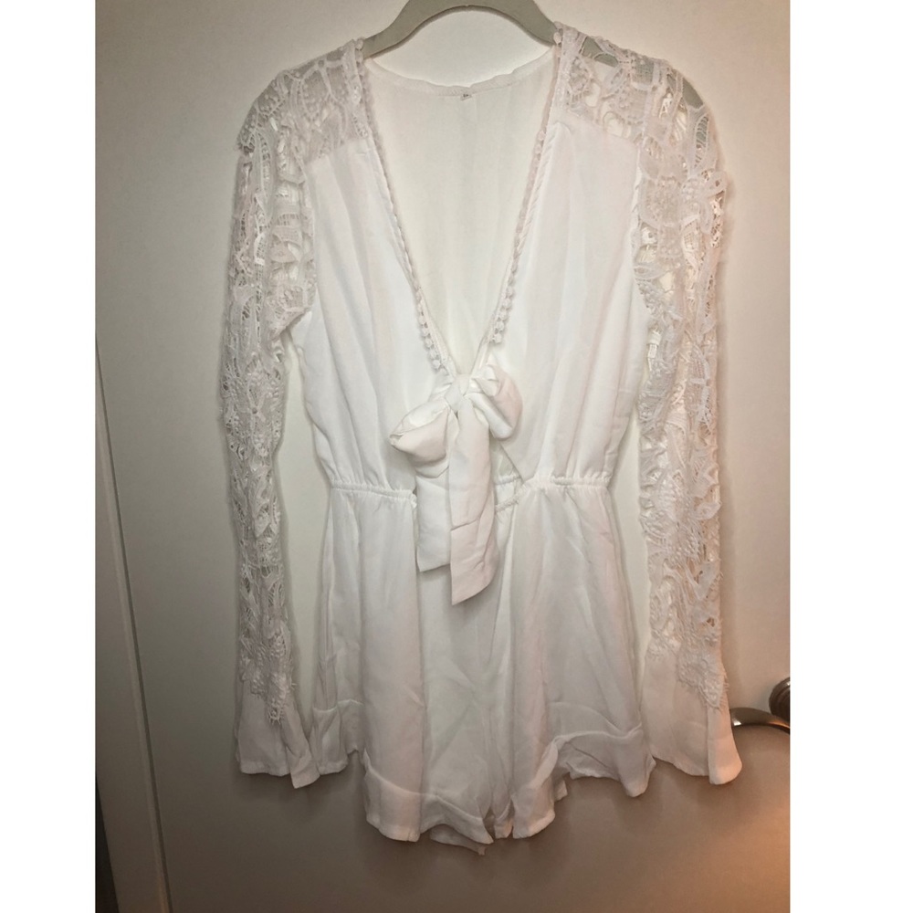 White Long Sleeve Tie Front Romper